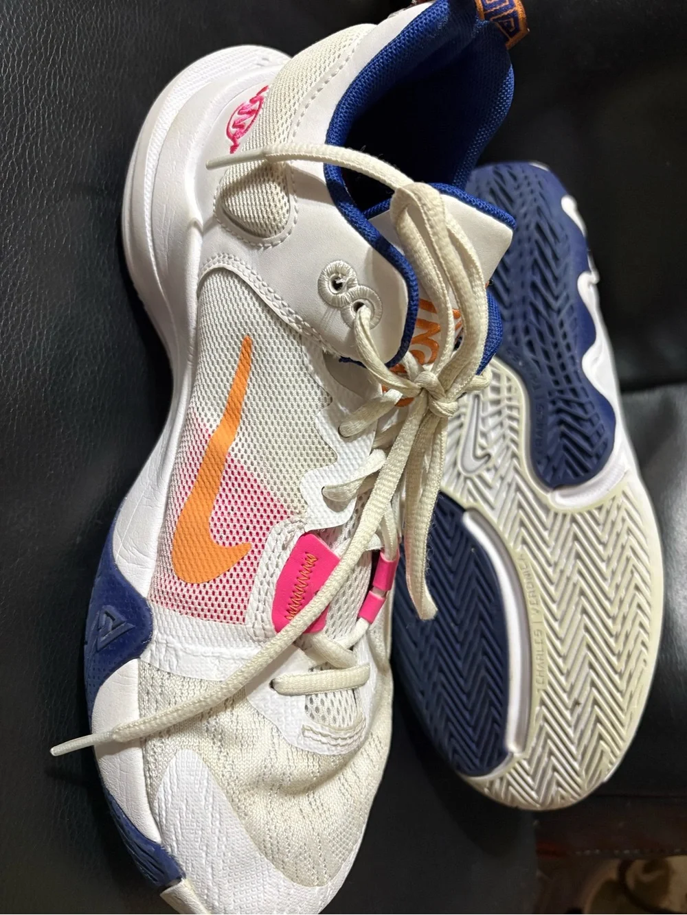 Nike LOGO 5 White Sneakers with Orange Swoosh and Blue Trim for women’s size 7Y